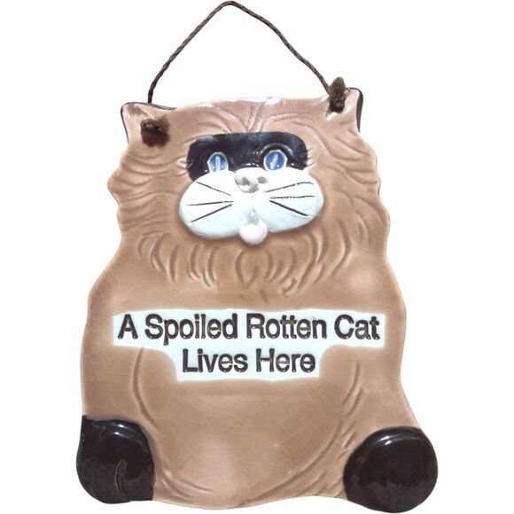 Smoky Mountain Pottery Spoiled Rotten Cat Orange Brown Sign Wall Plaque 1994 - Picture 1 of 7